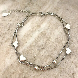 925 Sterling Silver Heart Charm Bracelet Dainty Bead Layer Bracelet